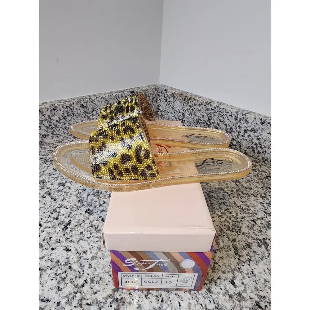 Super Jack Clear Gold Rhinestone Cougar Print Sandals